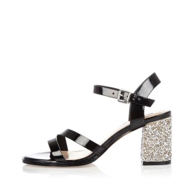 Black glitter block heel sandals